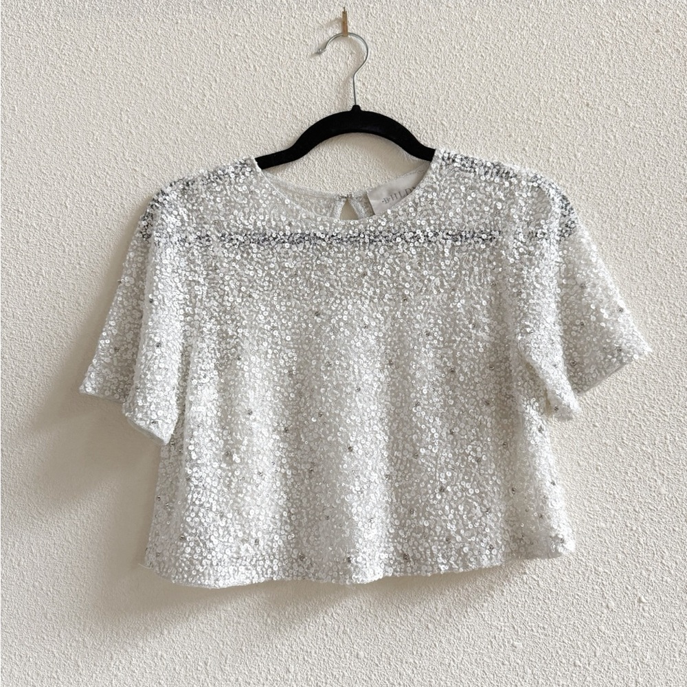 BHLDN Anthropologie Sequin Sparkling Silver Crop Top Blouse Size 2